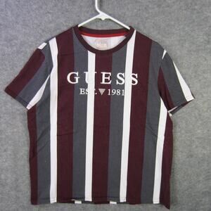 Guess Shirt Mens Large Burgundy Gray White Striped Regular Fit Logo Est 1981 Tee